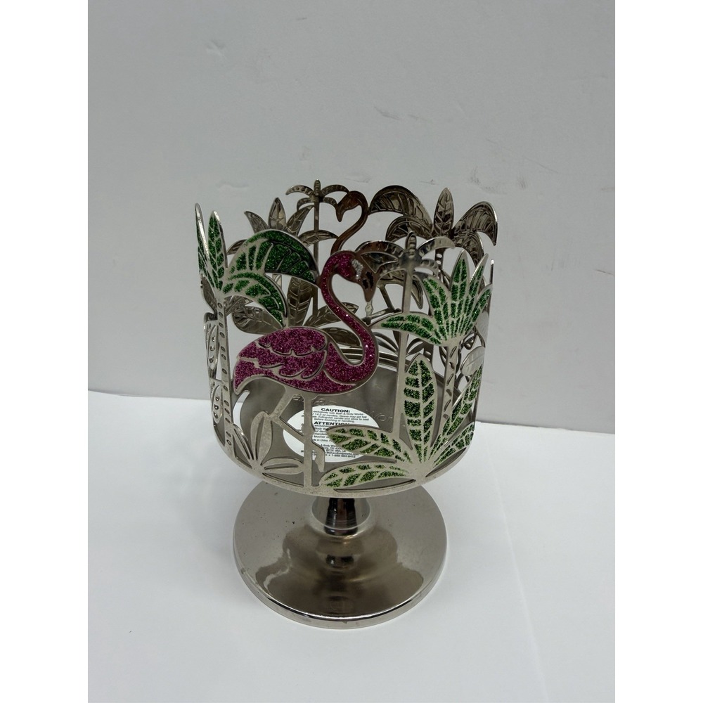 Bath & Body Works Pink Flamingos Palm Trees Pedestal 3-Wick Candle Holder Silver